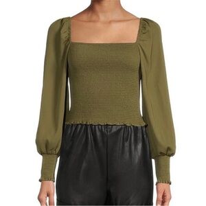 NWT Gianni Bini Olive Green Angel Square Neck Balloon Long Sleeve Smocked Top